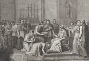 教皇ピウス 7 世の足にひざまずいてキスをする女性、1814～50 年