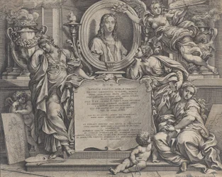 ラファエルの楕円形の肖像画と芸術の 3 人の寓意的な人物が描かれた口絵、1675 年。
