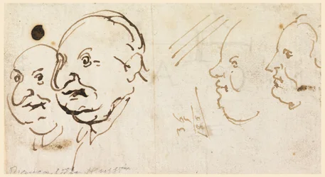 素描、風刺画による4人の頭のスケッチ、1725-75年