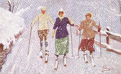 吹雪の中の3人のスキーヤー（カラーリトグラフ）