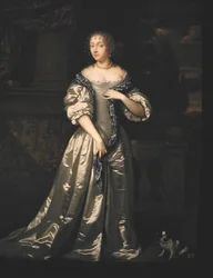 彫刻されたフリーズのそばのテラスに立つフィリッパ・スタントン夫人と彼女の犬の肖像（油彩・キャンバス）