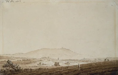 ジェシュケン山を望むボヘミアの風景、1803年（紙にペンとインクで洗う）