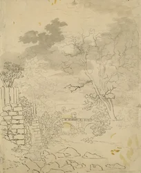 ブリッジ付きストリーム、c.1799（紙に鉛筆、ペン、インク）