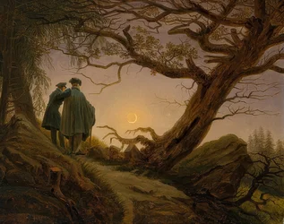 月を見つめる二人の男。 1825-30年頃