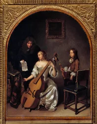 La lecon de basse de viole ガスパール・ネッチェル(1639-1684)作 絵画 17世紀 Sun.0.45x0.35 m