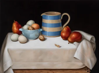 ウズラの羽のある静物》2019年（リネンに油彩）