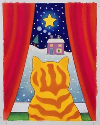 窓際の猫（紙にトイレ）