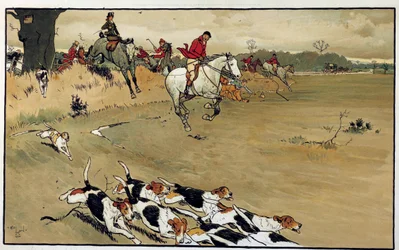 狩猟の場面、犬の群れはセシル・アルディン（1870-1935）の水彩画のゲームの後に吠えている 19世紀 個人蔵