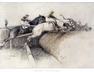リバプールで開催されたグランドナショナルのスティープルチェイス：ベンチからのジャンプ - セシル・アドリンの絵