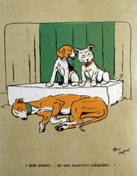 眠っている酵母を起こすのに躊躇している2匹の犬に飛びついてみませんか？セシル・アルディン（1870-1935）の水彩画 19世紀 パリ 装飾美術