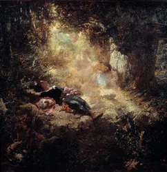 一筋の光 晴天の中で眠る若者たち。セレスタン・ナンテュイユ（1813-1873）の絵