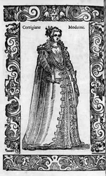 ルネッサンス：16世紀のローマの宮廷女官。チェーザレ・ヴェチェッリオ著「近代および古代の衣装」より抜粋