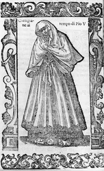 ルネッサンス：教皇ピウス5世（1566-1572）の時代の宮廷女官。チェーザレ・ヴェチェッリオ著「近代および古代の衣装」より抜粋