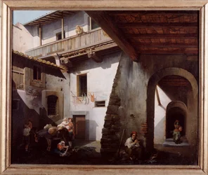 宿屋の中庭の農民たち（イタリア） チェーザレ・コゲッティ（1859年から1881年に活動）の絵画 1863年 薄手 70x85cm ゲネス、ガレリア・ダルテ・モデルナ、 inv317