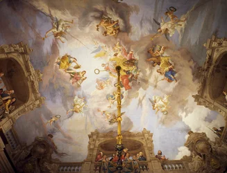チェーザレ・マリアーニ（1826-1901）によるフレスコ画「イタリアの寓意」、ローマの財政宮殿「多数派の広間」の天井。イタリア