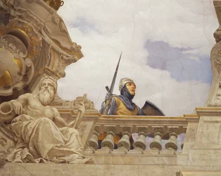 チェーザレ・マリアーニ（1826-1901）によるフレスコ画「イタリアの寓意」の詳細、ローマの財政宮殿「多数派の広間」の天井。イタリア