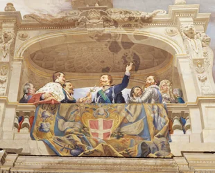 チェーザレ・マリアーニ（1826-1901）によるフレスコ画「イタリアの寓意」の詳細、ローマの財政宮殿「多数派の広間」の天井。イタリア