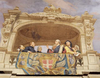 チェーザレ・マリアーニ（1826-1901）のフレスコ画「イタリアのアレゴリー」の詳細、ローマの財政宮殿「多数派の広間」の天井に描かれています。イタリア