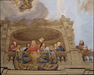 チェーザレ・マリアーニ（1826-1901）のフレスコ画「イタリアのアレゴリー」の詳細、ローマの財政宮殿「多数派の広間」の天井に描かれています。イタリア