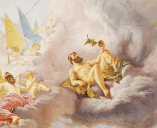 チェーザレ・マリアーニ（1826-1901）によるフレスコ画「イタリアの寓意」の詳細、ローマの財政宮殿「多数派の広間」の天井。イタリア