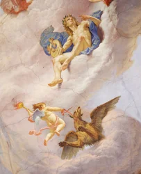 チェーザレ・マリアーニ（1826-1901）によるフレスコ画「イタリアの寓意」の詳細、ローマの財政宮殿「多数派の広間」の天井。イタリア