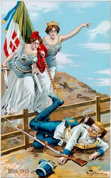 第一次世界大戦：イタリアとフランスが国境を越えてドイツを追いかけるという寓意を描いたポスター。チェーザレ・タローネ（1853-1919）によるイラスト 個人蔵