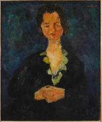青い背景の女性の肖像、1927