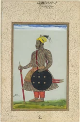 「アディル・シャヒ王朝」に仕えるアビシニアの将校、イクラス・カーン、1640年頃（紙に金のガッシュ）