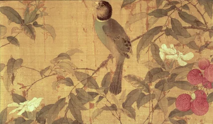 32 OA 鳥と花、横スクロールの詳細 (シルクにインクと色) を追加