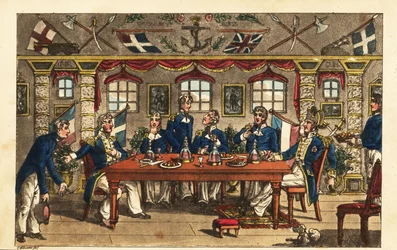 艦長室での夕食を終えてお辞儀をするニューカム海軍少尉（HMS Victory
