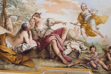 ニンフの中のダイアナの残り、チャールズ・アンドレ・ヴァン・ロー（1705-1765）作、フレスコ画、寝室のアーチ型天井、女王のアパート、ストゥピニージ、ピエモンテ、イタリア