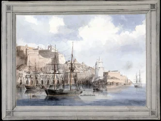 Vue de Malte (View at Malta) (サンタンジェロ要塞のあるヴァレッタの偉大な港) - チャールズ・アンドリュー・ダイス (1816-1853) 作、紙に水彩 (25.1 x 34.9 cm)、1849年頃 - イェール大学 (アメリカ)
