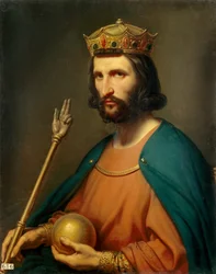 987年のフランス王ユーグ・カペー（941-996）の肖像。彼は権力の象徴である地球儀と王笏を手にしている。シャルル・ド・シュトイベン（1788-1856）による絵画、19世紀。太陽。0.91 x 0.74 m。