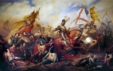 宗教戦争（1562年〜1598年）。"King Henry IV of France (1553-1610) at the Battle of Ivry on 14/03/1590" 王家の軍隊はカトリック同盟の軍隊に勝利した。シャルル・ド・スチューベン（1788-1856）による絵画の詳細 19世紀 日4,2x8,1 m - 和