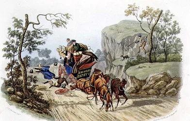 「事故は最高のコーチにも起こる！」R.G.リーヴ（fl.1811-37）の刻印、トーマス・マクレーンのパブ。