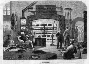 1864年、チュイルリー宮殿の「料理のロティサリー」。ムーランの図面からF.リクスとバルバンが作成した版画。