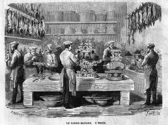 1864年、第二帝政下のレセプションでのチュイルリー宮殿の厨房の寒冷紗。燃えるような彫刻
