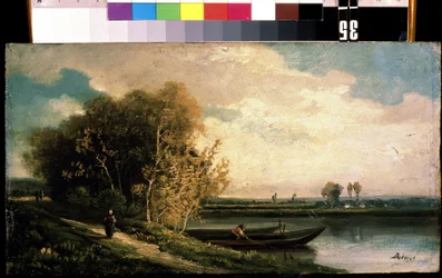 「La berge」（海岸） 漁師と農民の女性がいる川辺の風景。 Charles Barthelemy Jean Durupt (1804-1838) による絵画 19 世紀 Mikhail Kroshitsky Art Museum、セヴァストポリ (セヴァストポリ) ウクライナ