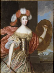 Olympe Mancini, comtesse de Soissons en Athena - アテナに扮したソワソンの子爵夫人オリンピア・マンシーニ（1638-1708）の肖像、Beaubrun, Charles（1604-1692）作。キャンバスに油彩。サイズ：130x99 cm。ストックホルム国立博物館