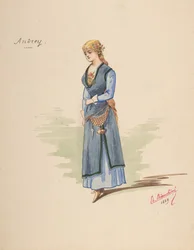 アンドレイの衣装デザイン[a]、付属品の説明シート[b]、1889年。