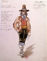 1892年のルッジェーロ・レオンカヴァッロ（1857-1919）のオペラ「パイレーツ」（パリアッチ、道化師）の馬車夫の衣装。チャールズ・ビアンキーニ（1860-1905）による水彩画