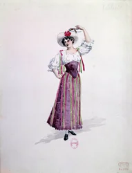 1892年、Ruggero Leoncavallo（1857-1919）作のオペラ「Paillasse」（de pagliacci、道化師）の若い女性の衣装（NeddaまたはColombine？チャールズ・ビアンキーニ（1860-1905）による水彩画