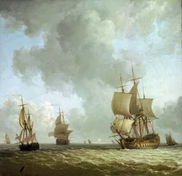 海風に吹かれるイギリス海軍の船。油彩・キャンバス、1750年頃、チャールズ・ブルッキング（1723-1759）作。
