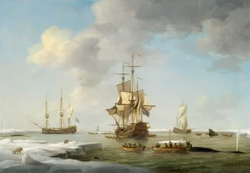 グリーンランドの漁業：氷の中のイギリス人捕鯨船 1750年頃 油彩・キャンバス