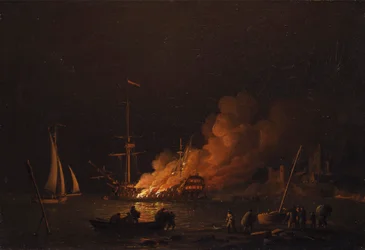 Navio em chamas à noite