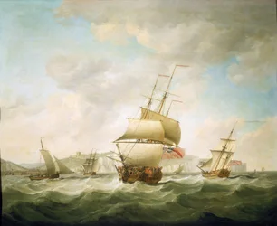 ドーヴァー（イギリス）沖、風に煽られる貿易船と王室のヨット。油彩・キャンバス、1750年頃、チャールズ・ブルッキング（1723-1759）作。
