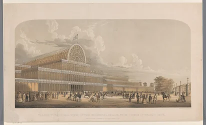 Gezicht op het Crystal Palace プリンス オブ ウェールズ ゲート (オブジェクトのタイトル) から見た産業宮殿のトランセプト (外観)