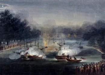 1814年、ロンドンのハイドパーク、サーペンタイン川での見せかけの戦いの眺め