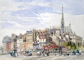 サント・シャペルとサン・ミッシェル岸壁の司法宮」。水彩画。シャルル・クロード・パイン（1802-1878）イギリスの風景・風俗画家。フランス、パリ