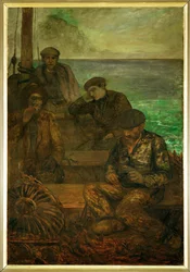 海の国 - 三連画、左パネル：旅立つ人々（キャンバスに絵画）